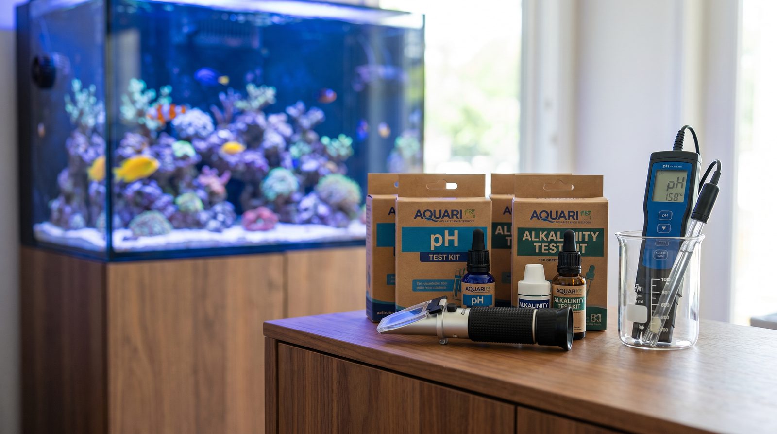 pH and alkalinity test equipment alongside a reef aquarium — refractometer, test kits and a digital meter