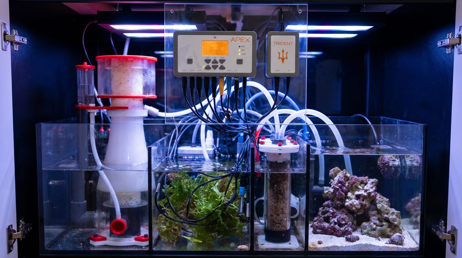 A Neptune Apex controller module mounted on a reef aquarium sump with probe cables running into the water