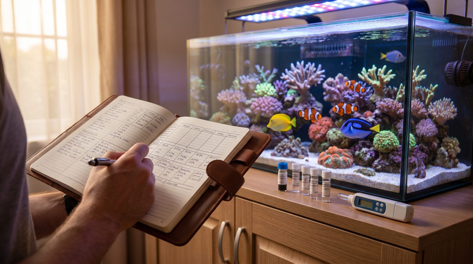 A reef hobbyist recording test results into a logbook beside a running aquarium