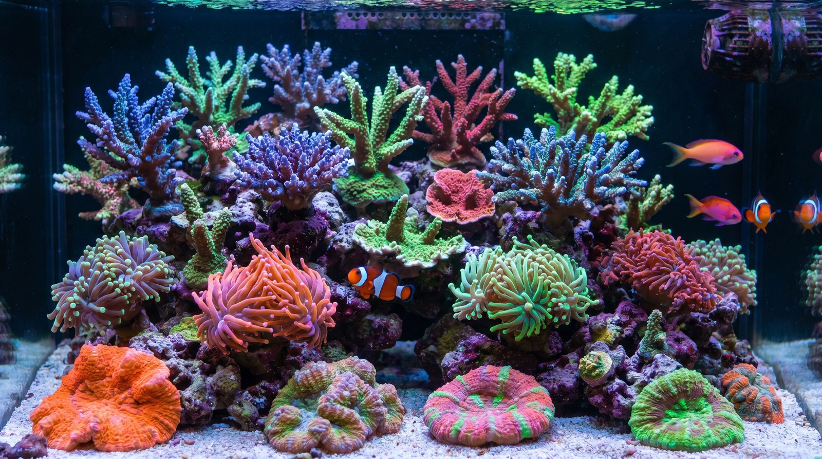 Close-up of a mixed reef aquarium showing brightly coloured SPS and LPS corals with clear, well-maintained water