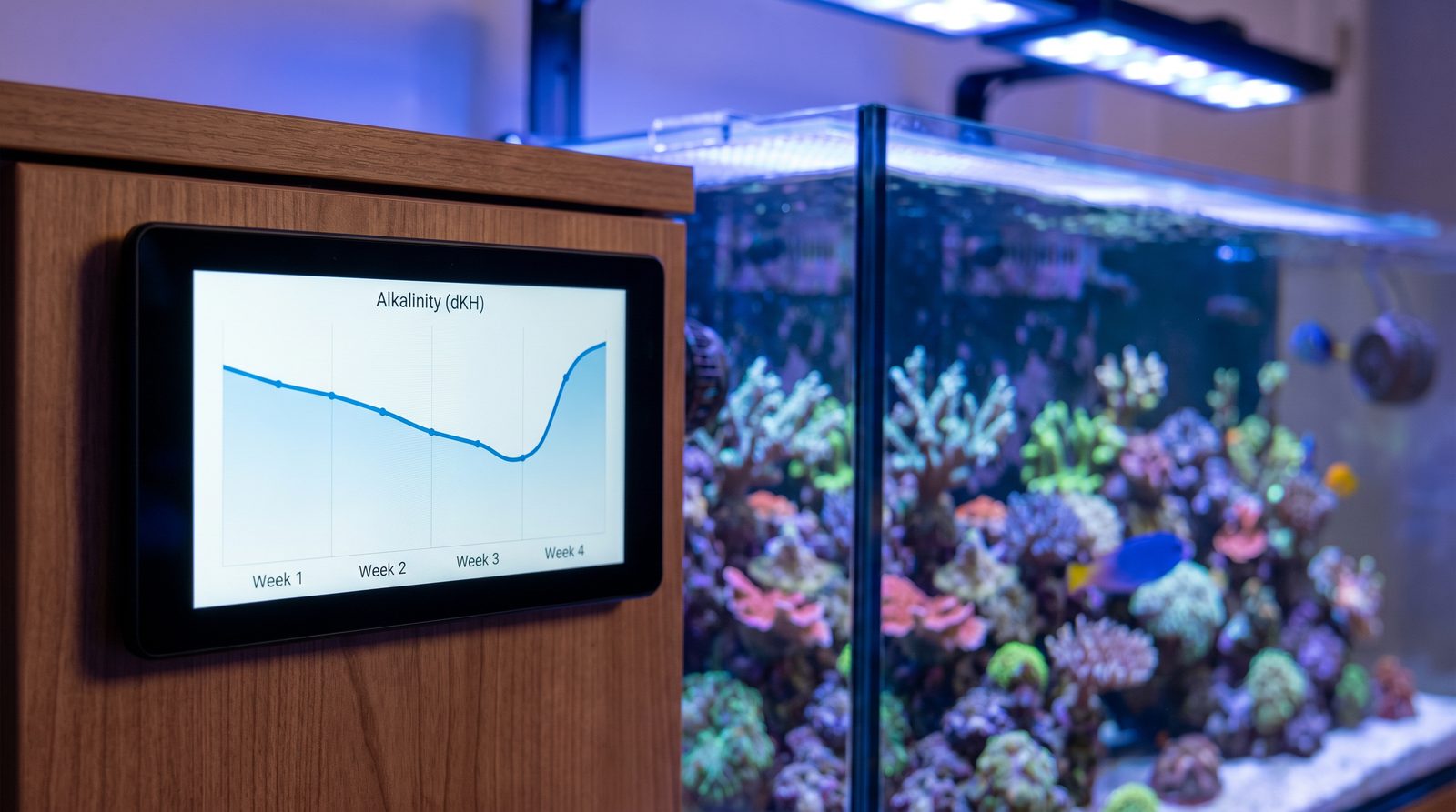 A line chart of reef tank alkalinity over four weeks showing a gradual downward slope before a recovery