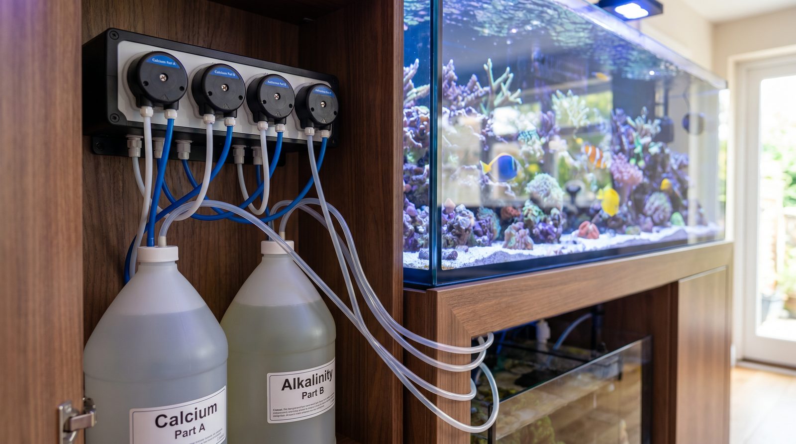 A dosing pump setup beside a reef aquarium, with two-part solution bottles and tubing