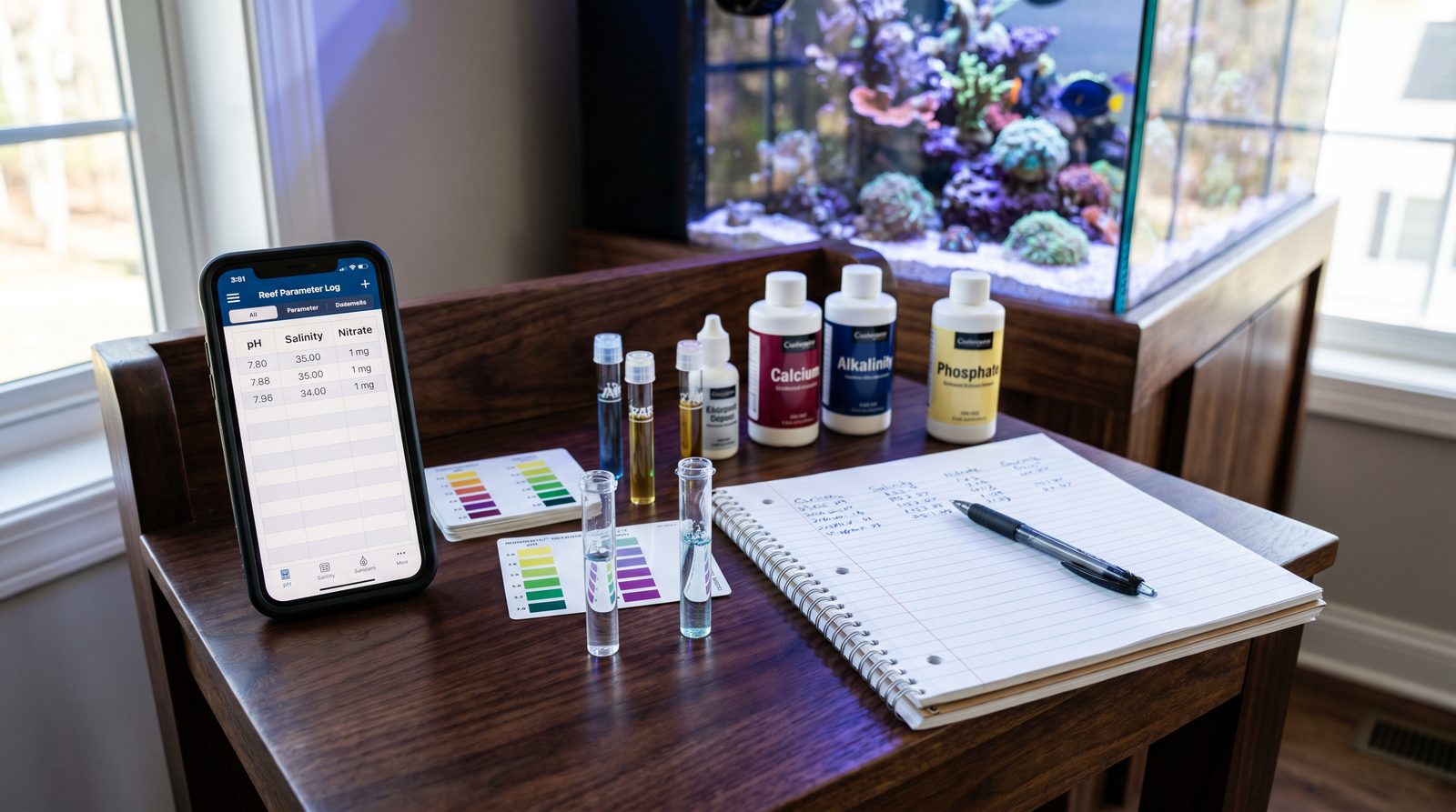 A phone showing a reef parameter log alongside test kits and a notebook on a tank stand