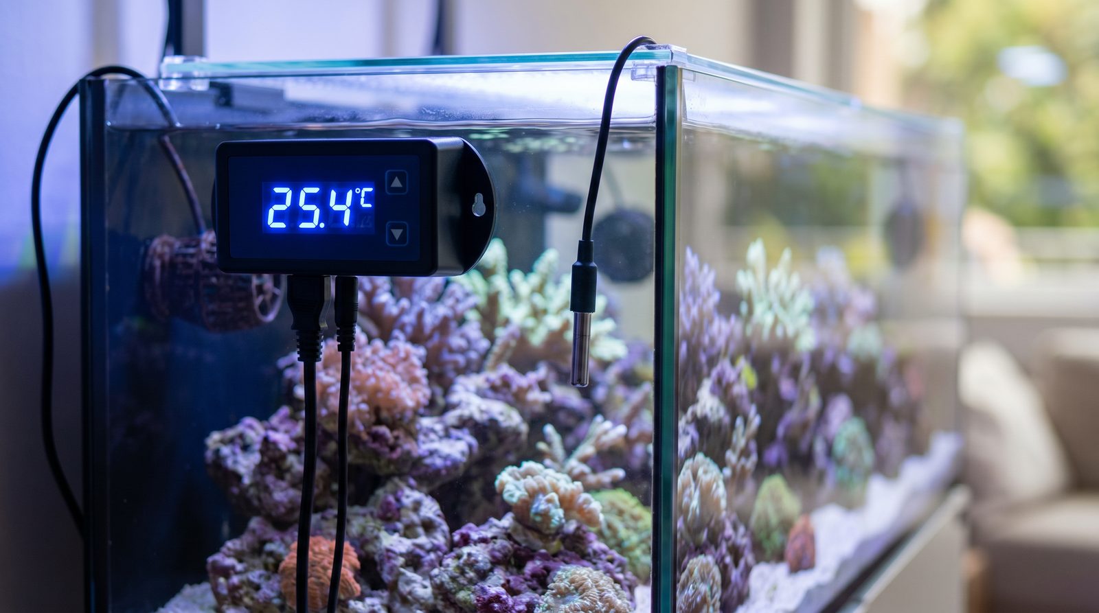 A reef aquarium temperature probe and controller display showing a stable reading near 25.5 degrees Celsius