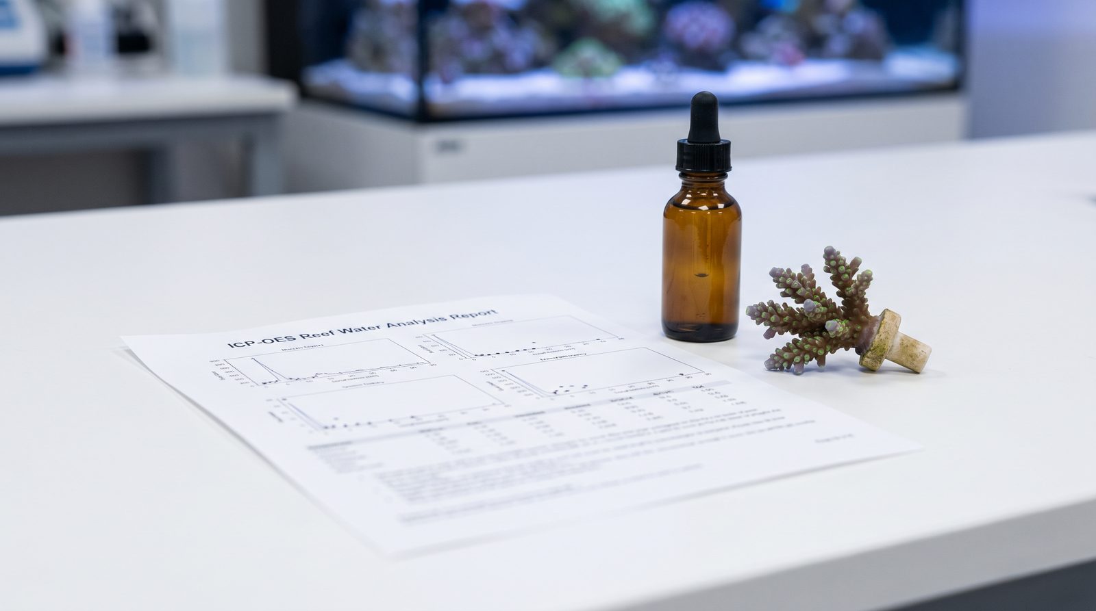 A printed ICP-OES reef water test report next to a dropper bottle and coral frag on a white surface