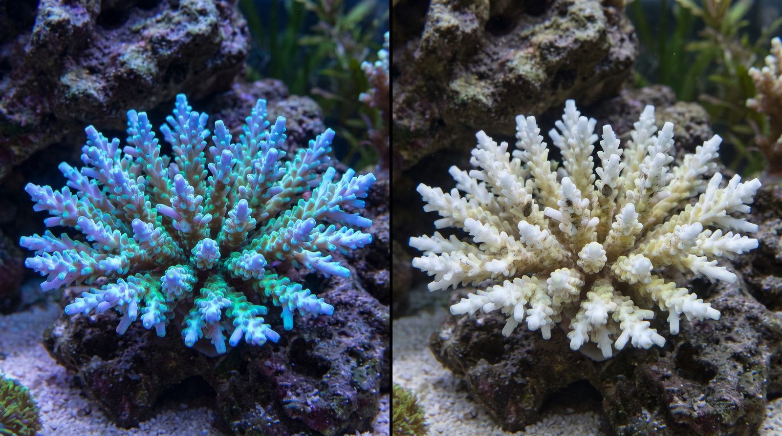 Side-by-side view of a vibrant acropora colony next to a pale, partially bleached specimen showing stress colour loss