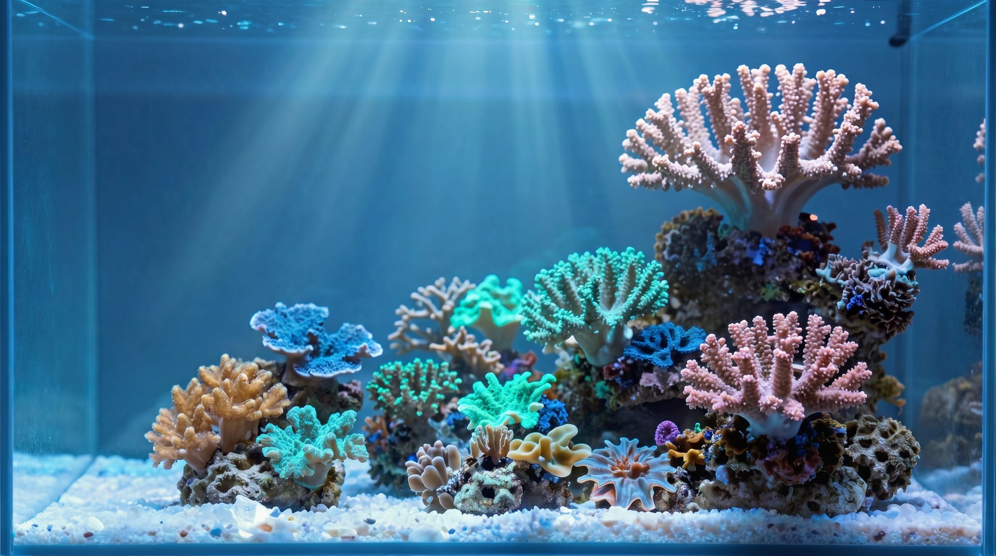 A thriving mixed reef aquarium with brightly coloured SPS and soft corals under blue lighting